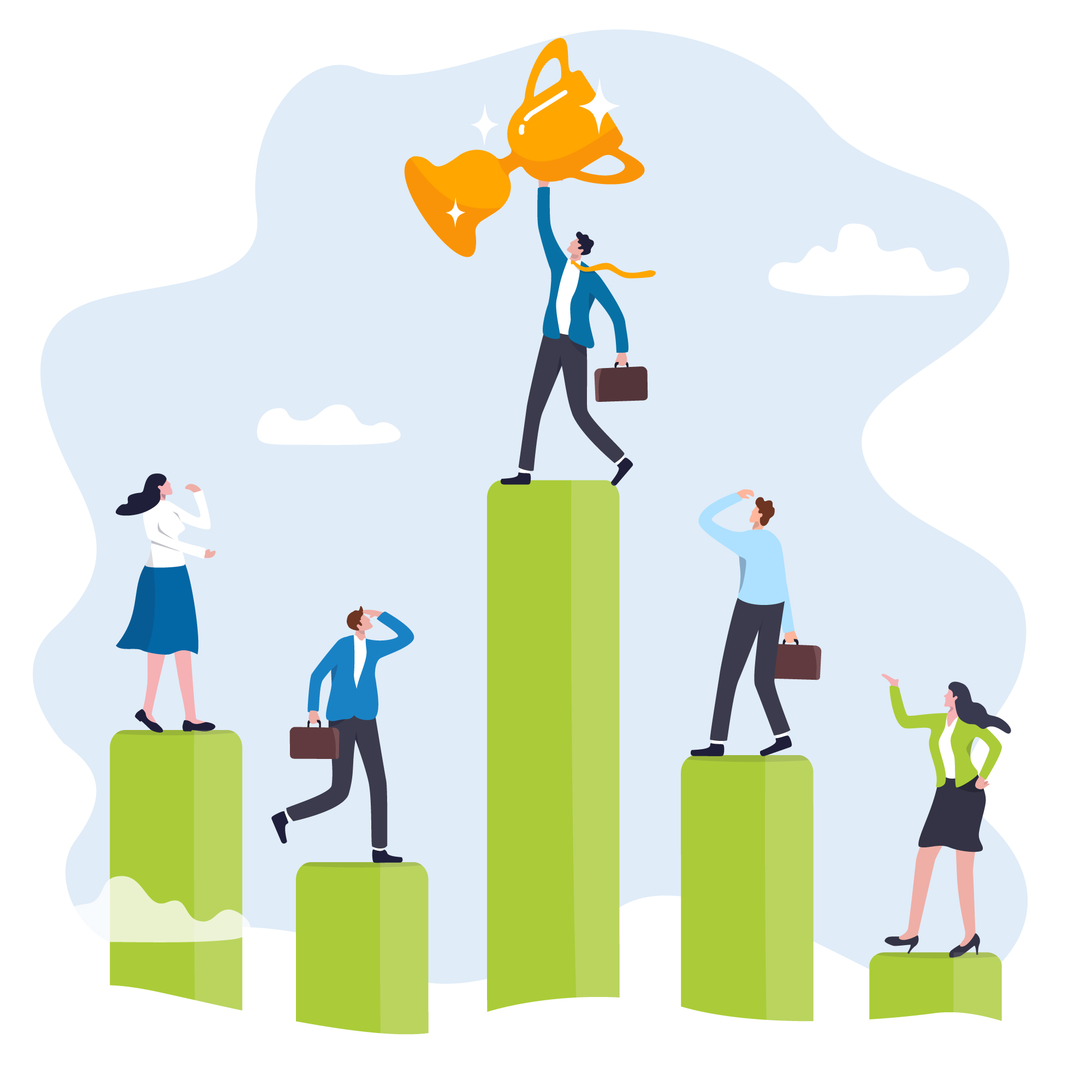 Illustration de personnes sur un podium, le 1er tend une coupe dans les airs